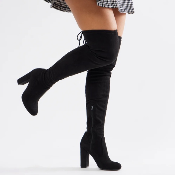 ✨ Black Faux Suede Thigh-High Drawstring Boots – 3¼" Heel ✨ - Picture 1 of 10